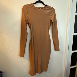 FASHIONNOVA Elegant Tan Long Sleeve Dress